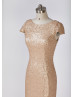 Cap Sleeves Champagne Sequin V Back Affordable Bridesmaid Dress